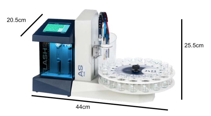 Laboratory equipment with dimensions labeled on a white background