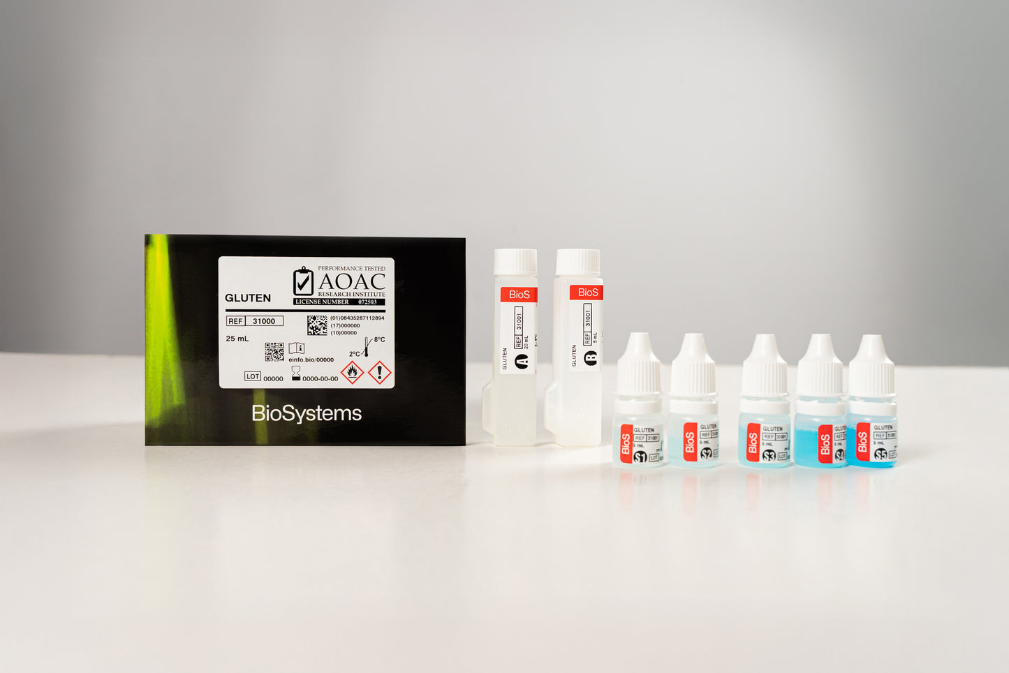 AOAC BioSystems product packaging with bottles on a white surface
