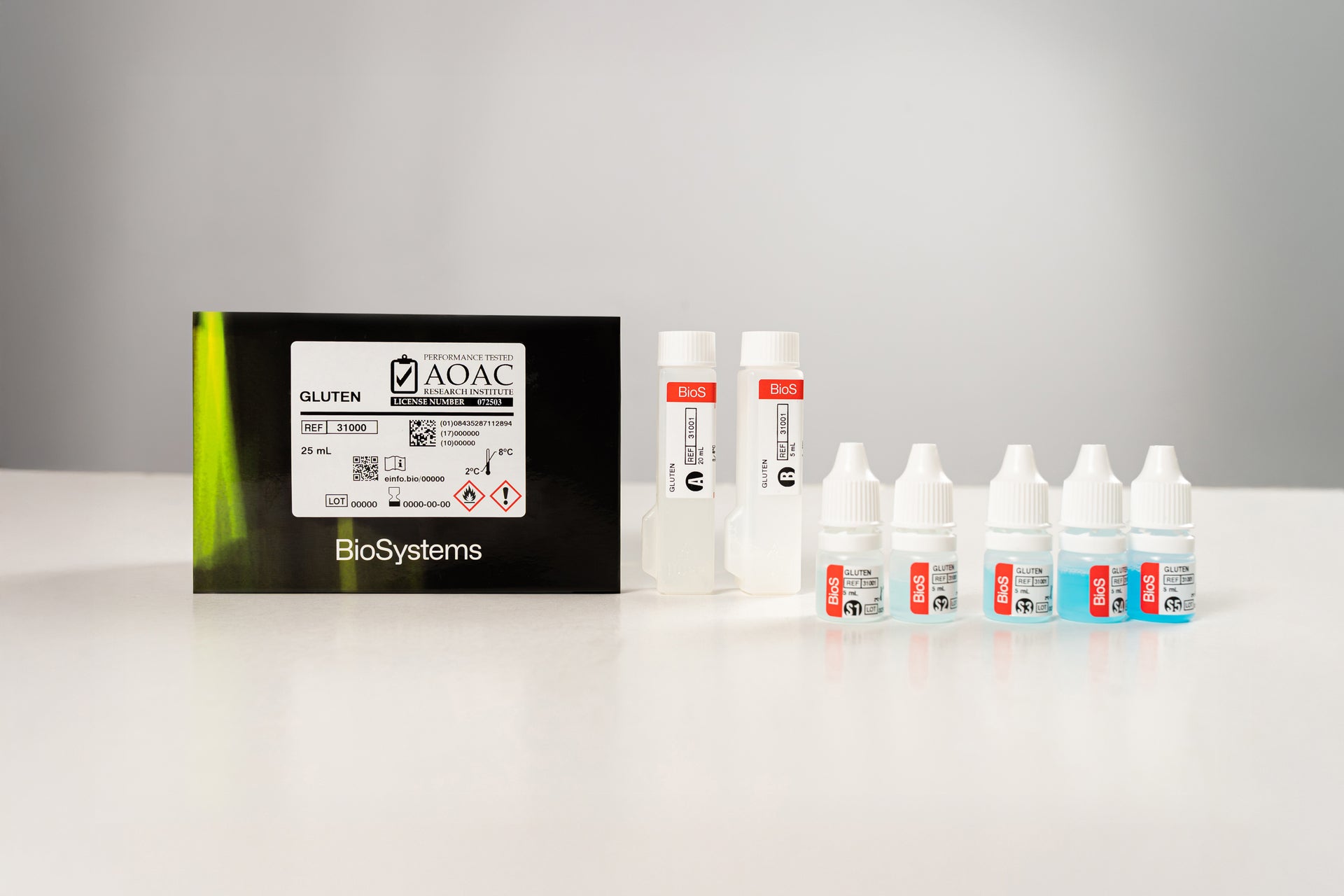 AOAC BioSystems product packaging with bottles on a white surface