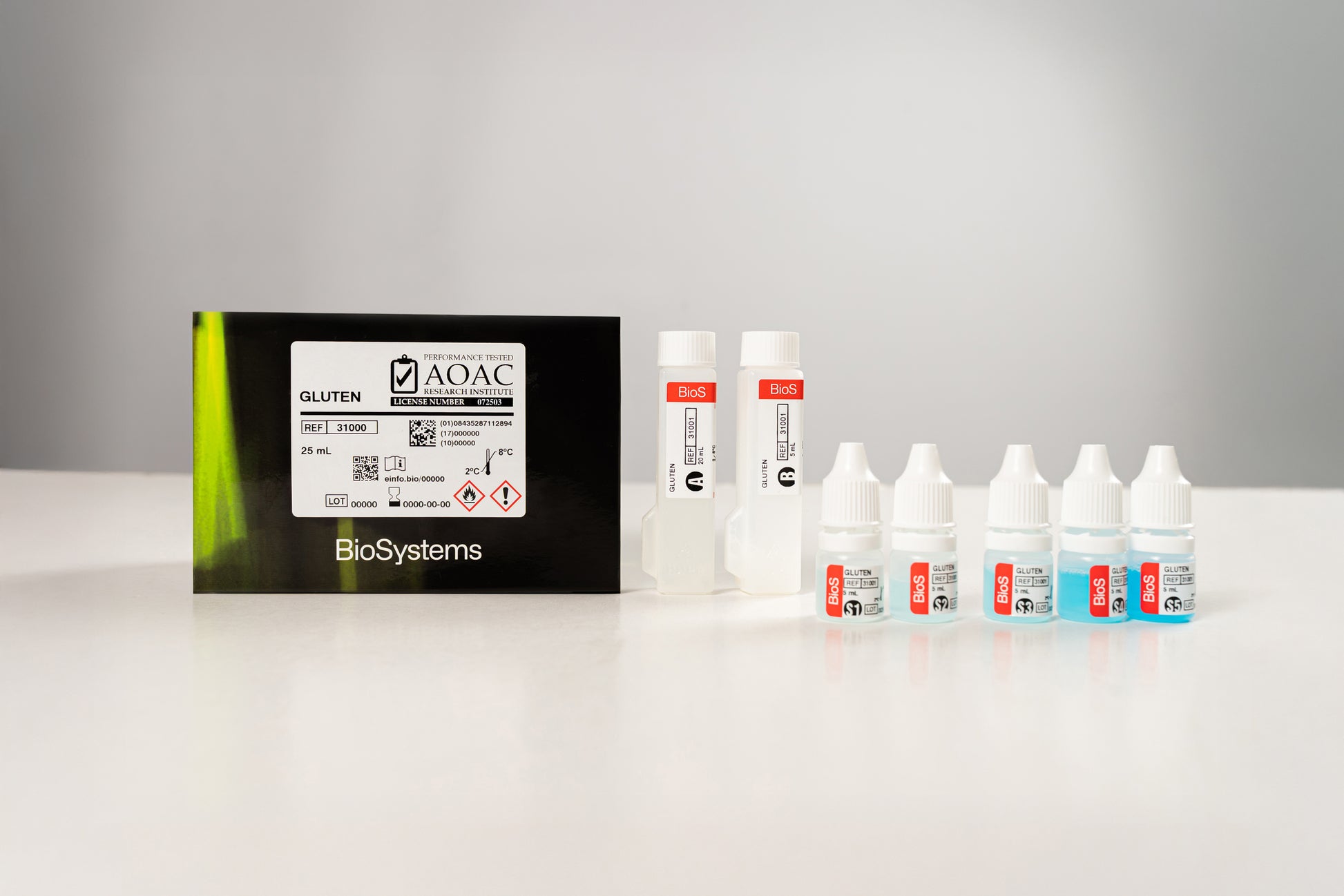 AOAC BioSystems product packaging with bottles on a white surface