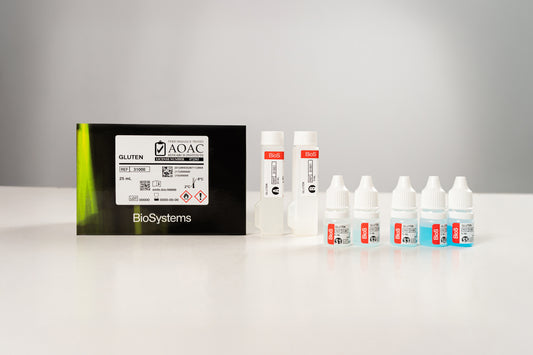 AOAC BioSystems product packaging with bottles on a white surface