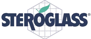 Steroglass logo with a blue hexagonal design and green leaf on a white background
